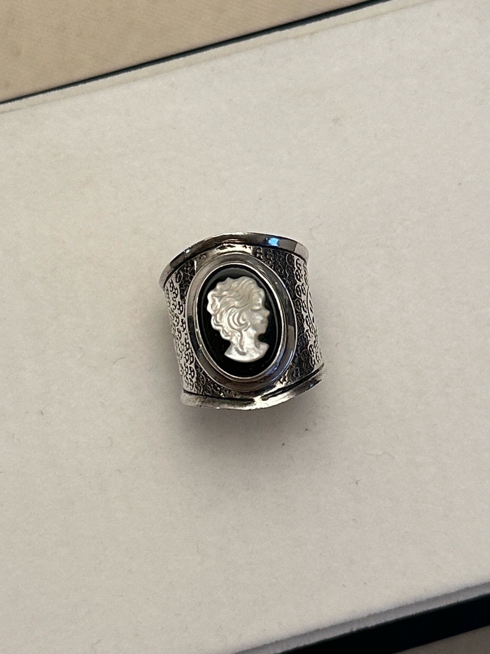 Mother of Pearl Cameo Black Onyx Wide Band Ring